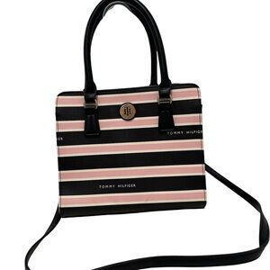 Tommy Hilfiger Black and Pink Striped Satchel